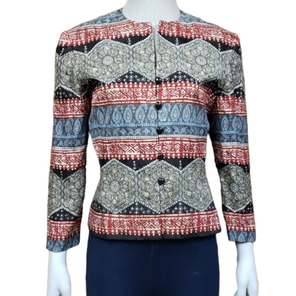 Vintage Adrianna Papell Silk Blazer Jacket Geometric Stripe Red Black Career